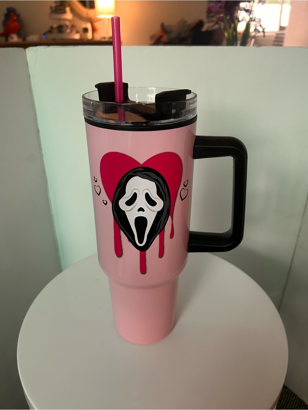 Pink Graphic Travel Mug with Handle and Straw